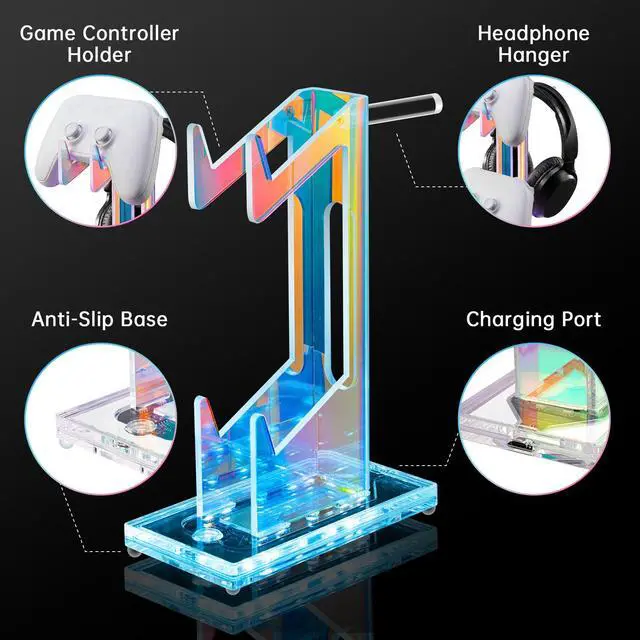 Alt view image 4 of 7 - Controller Holder & Headphone Stand, LED Acrylic 2-Tier Gaming Desk