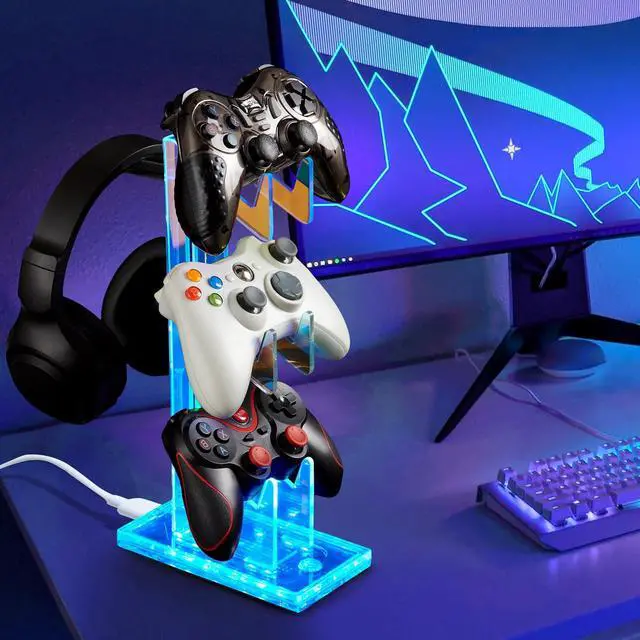 Alt view image 3 of 7 - Game Controller Holder with Light Colorful Acrylic Headphones Stand with 3 Modes 7 Colors USB Charging Port for PS4, PS5, PC Universal Design (3 Tiers with Lights)