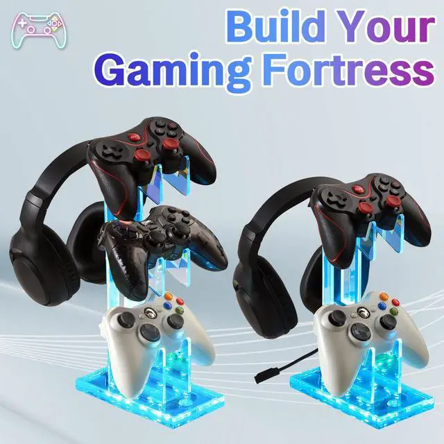 Alt view image 7 of 7 - Game Controller Holder with Light Colorful Acrylic Headphones Stand with 3 Modes 7 Colors USB Charging Port for PS4, PS5, PC Universal Design (3 Tiers with Lights)