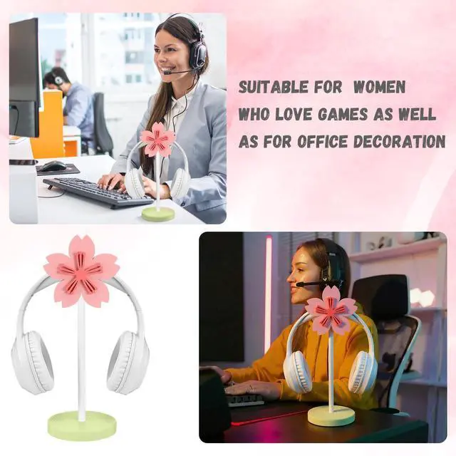 Alt view image 6 of 6 - Cute Headphone Stand Decorative Sakura Headphone Stand Cute Pink Flower Wood Desk Decor for Gamer Room Office Desk Gaming Gifts for Girlfriend Office Worker