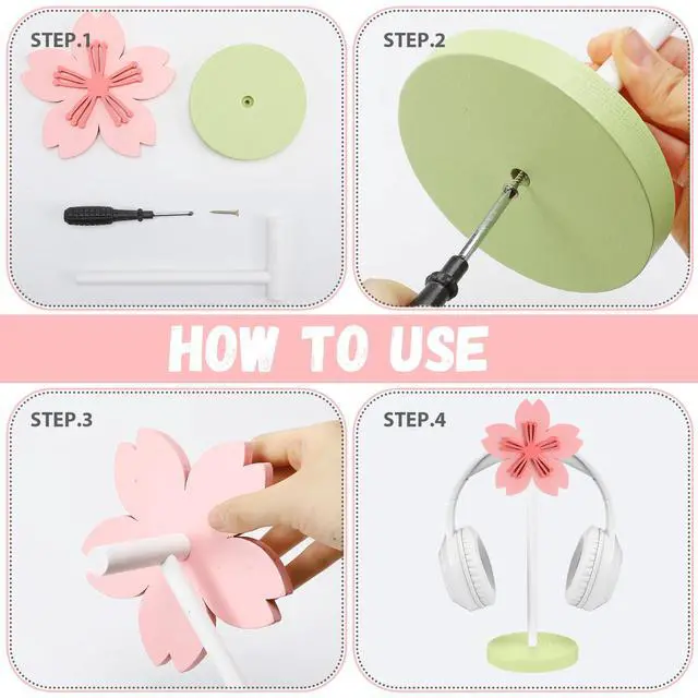 Alt view image 4 of 6 - Cute Headphone Stand Decorative Sakura Headphone Stand Cute Pink Flower Wood Desk Decor for Gamer Room Office Desk Gaming Gifts for Girlfriend Office Worker