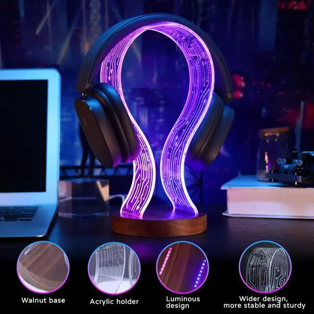 Alt view image 2 of 6 - Headphone Stand Headset Holder with Blue Pink LED Night Light Walnut Wood for Gamers, Music Lovers Gift Idea