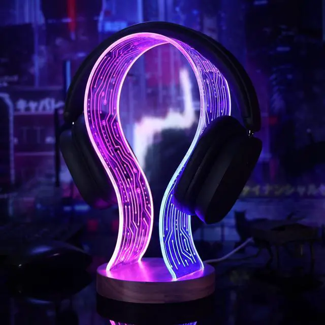 Alt view image 3 of 6 - Headphone Stand Headset Holder with Blue Pink LED Night Light Walnut Wood for Gamers, Music Lovers Gift Idea