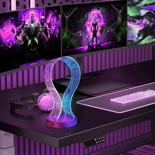 Alt view image 4 of 6 - Headphone Stand Headset Holder with Blue Pink LED Night Light Walnut Wood for Gamers, Music Lovers Gift Idea