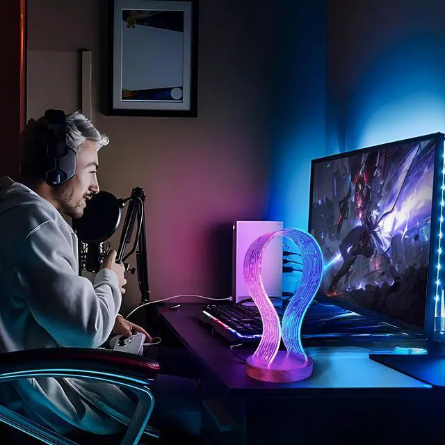 Alt view image 5 of 6 - Headphone Stand Headset Holder with Blue Pink LED Night Light Walnut Wood for Gamers, Music Lovers Gift Idea
