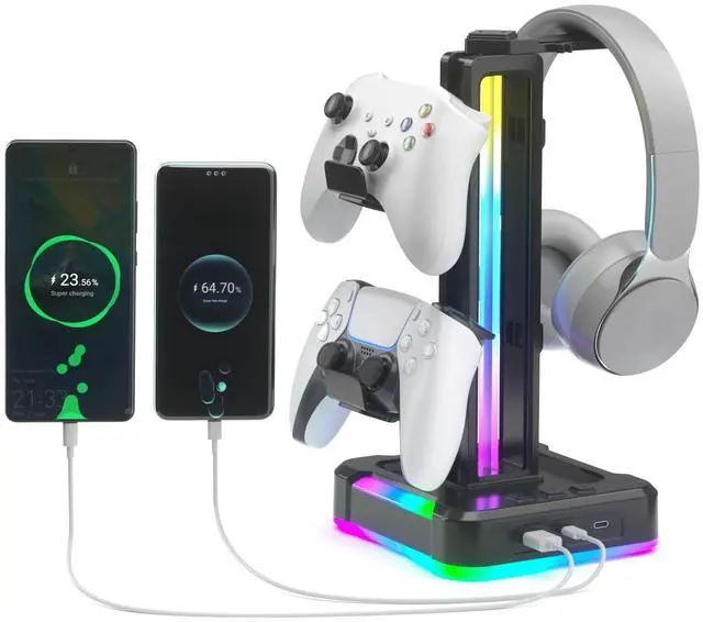 Main image of RGB Gaming Headphone and Controller Stand with 2 Type-C and 1 USB Ports