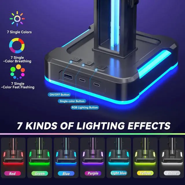 Alt view image 4 of 7 - RGB Gaming Headphone and Controller Stand with 2 Type-C and 1 USB Ports