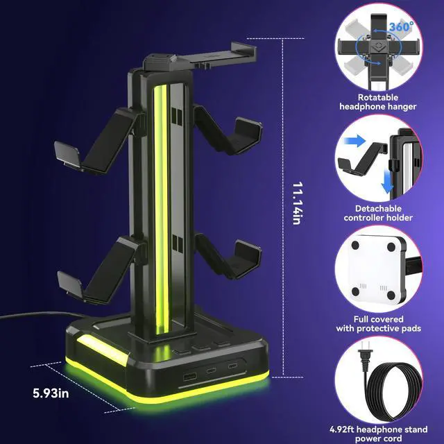 Alt view image 5 of 7 - RGB Gaming Headphone and Controller Stand with 2 Type-C and 1 USB Ports