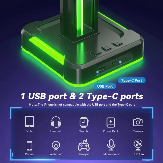 Alt view image 3 of 7 - RGB Gaming Headphone and Controller Stand with 2 Type-C and 1 USB Ports