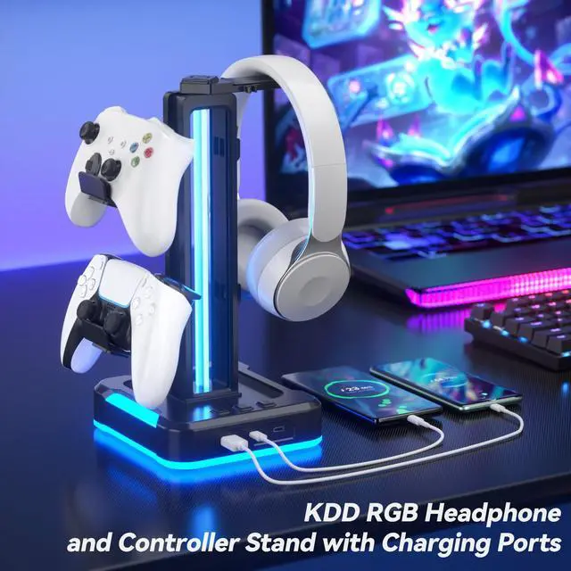Alt view image 2 of 7 - RGB Gaming Headphone and Controller Stand with 2 Type-C and 1 USB Ports