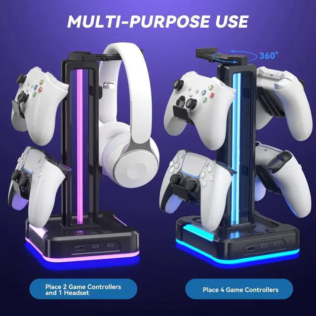 Alt view image 6 of 7 - RGB Gaming Headphone and Controller Stand with 2 Type-C and 1 USB Ports