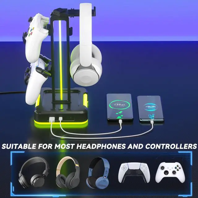 Alt view image 7 of 7 - RGB Gaming Headphone and Controller Stand with 2 Type-C and 1 USB Ports