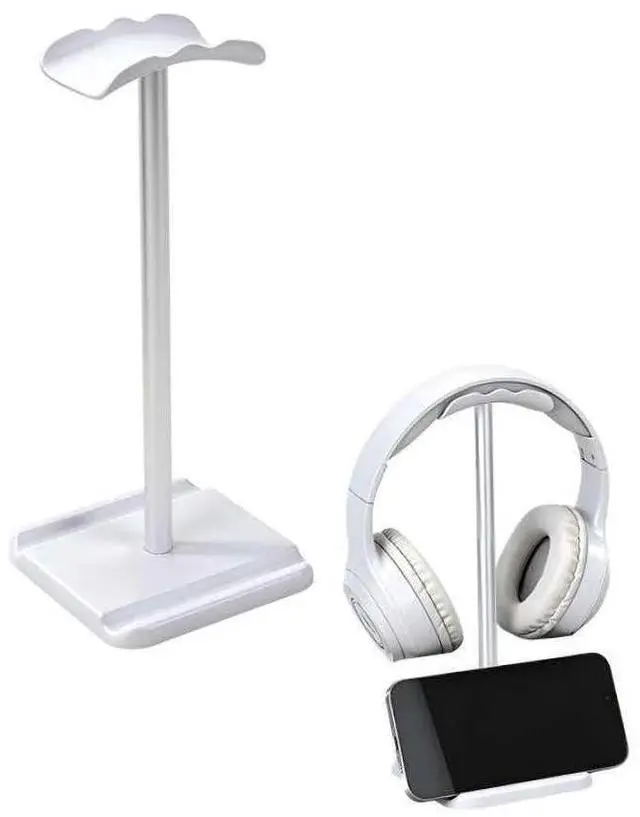 Main image of Headphone Stand, Headset Holder with Phone Holder for Desk Office Gaming, TPU-Padded Headrest, Aluminum Pole, Anti-Slip ABS Base, Universal Earphone Stand, 1 Pack White