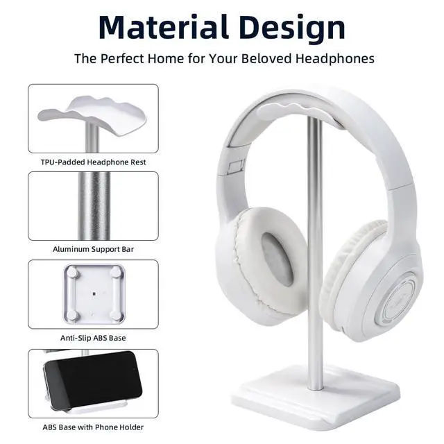 Alt view image 3 of 6 - Headphone Stand, Headset Holder with Phone Holder for Desk Office Gaming, TPU-Padded Headrest, Aluminum Pole, Anti-Slip ABS Base, Universal Earphone Stand, 1 Pack White
