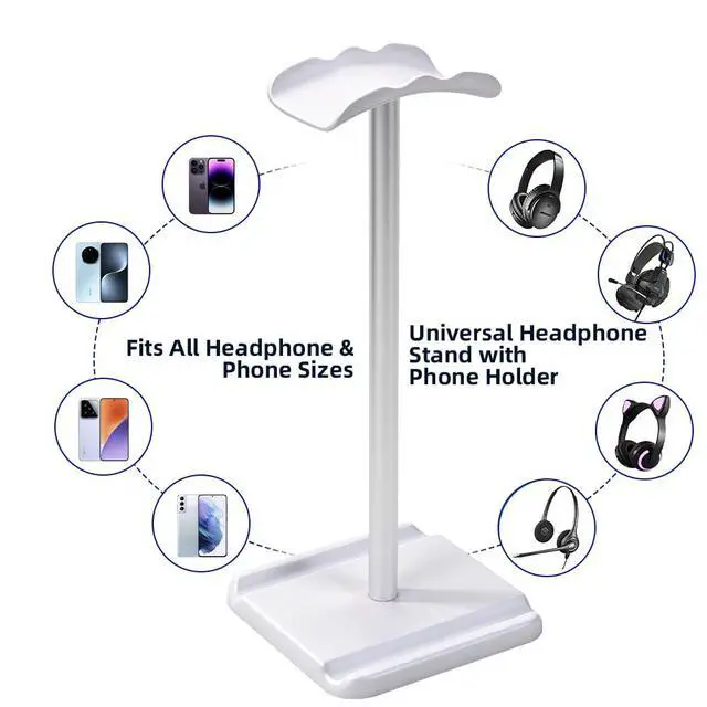 Alt view image 4 of 6 - Headphone Stand, Headset Holder with Phone Holder for Desk Office Gaming, TPU-Padded Headrest, Aluminum Pole, Anti-Slip ABS Base, Universal Earphone Stand, 1 Pack White