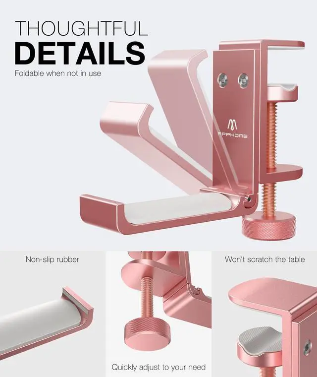Alt view image 4 of 7 - Foldable Headphone Stand and Hook Aluminum Headset Holder Clamp Mount Under Desk, Universal Fit for Gaming Headphones, Space-Saving Hanger Organizer