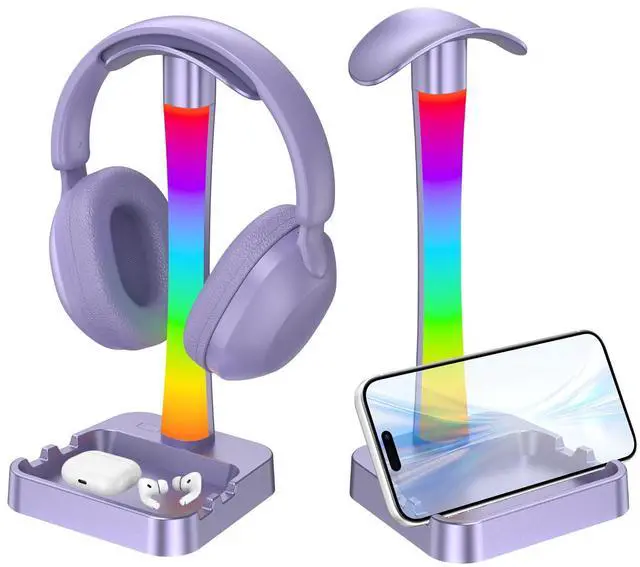 Main image of Headphone Stand with Charger,Gaming Headset stand with RGB Light Mode,For Airpod Max Stand,Desk Lamp,Phone Holder,Tablet Holder,desktop organizer,Gifts for Gamers & Music Lover (Purple)