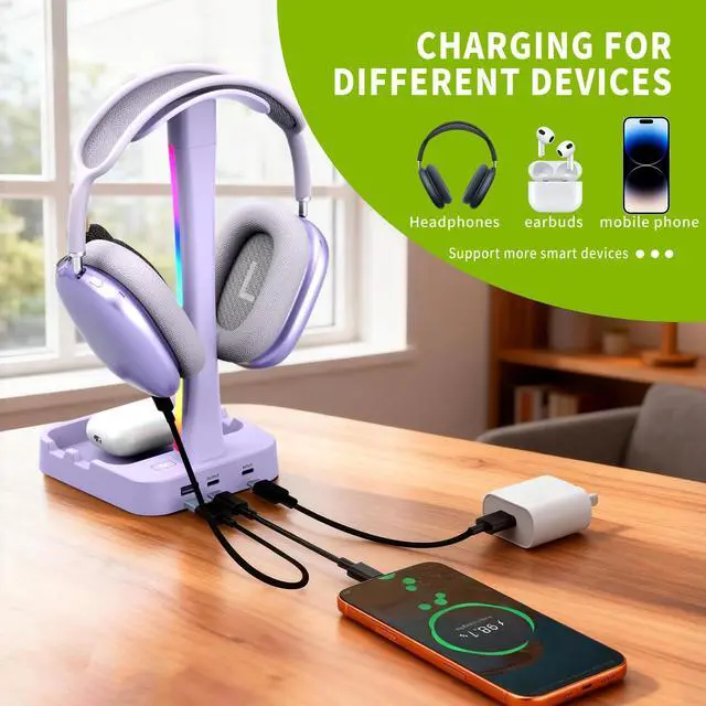 Alt view image 2 of 7 - Headphone Stand with Charger,Gaming Headset stand with RGB Light Mode,For Airpod Max Stand,Desk Lamp,Phone Holder,Tablet Holder,desktop organizer,Gifts for Gamers & Music Lover (Purple)