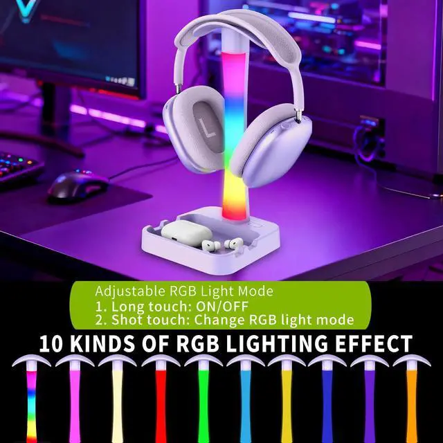 Alt view image 3 of 7 - Headphone Stand with Charger,Gaming Headset stand with RGB Light Mode,For Airpod Max Stand,Desk Lamp,Phone Holder,Tablet Holder,desktop organizer,Gifts for Gamers & Music Lover (Purple)