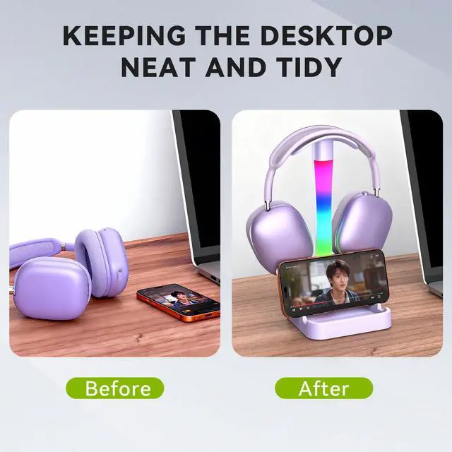 Alt view image 6 of 7 - Headphone Stand with Charger,Gaming Headset stand with RGB Light Mode,For Airpod Max Stand,Desk Lamp,Phone Holder,Tablet Holder,desktop organizer,Gifts for Gamers & Music Lover (Purple)