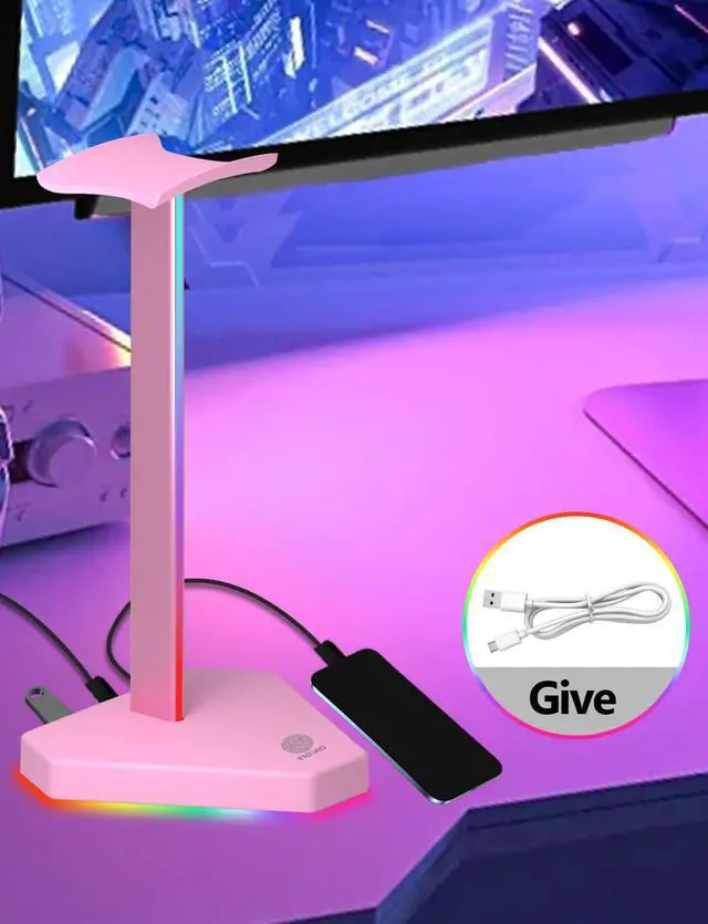 Alt view image 4 of 6 - RGB Headphones Stand with 1 USB-C Data Transmission& 3 Type-C Charging Port, Desk Gaming Headset Holder with 7 Light Modes and Non-Slip Rubber Base (Pink)