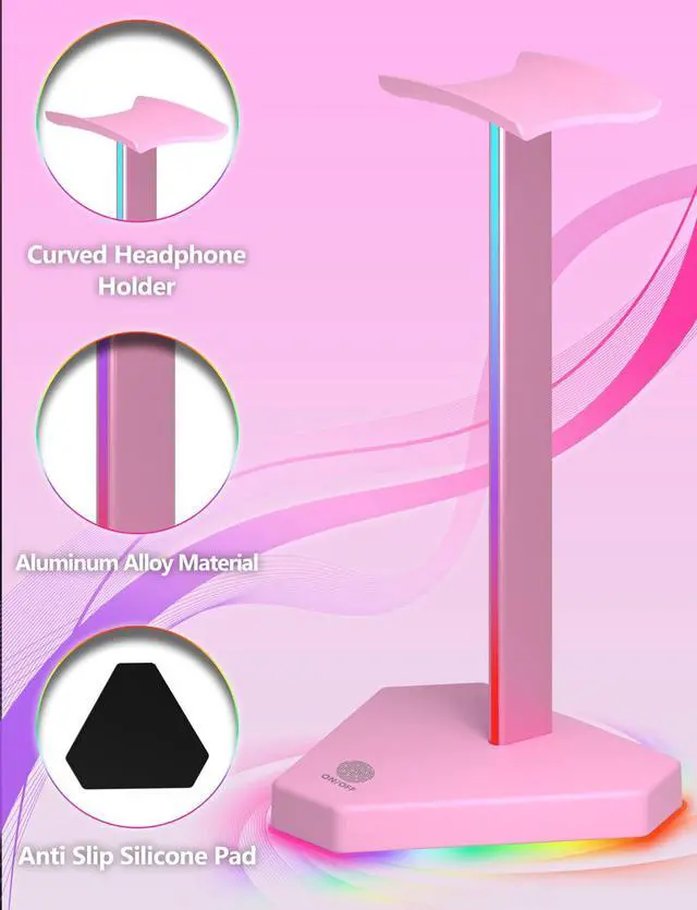 Alt view image 5 of 6 - RGB Headphones Stand with 1 USB-C Data Transmission& 3 Type-C Charging Port, Desk Gaming Headset Holder with 7 Light Modes and Non-Slip Rubber Base (Pink)