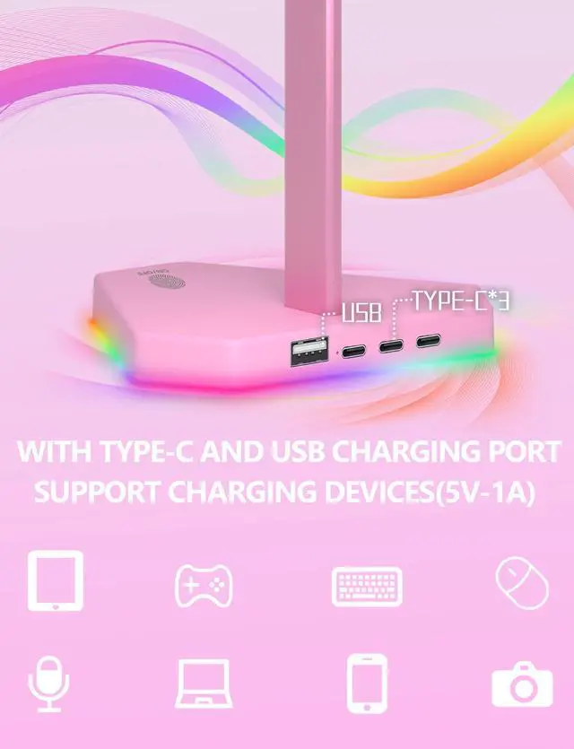 Alt view image 2 of 6 - RGB Headphones Stand with 1 USB-C Data Transmission& 3 Type-C Charging Port, Desk Gaming Headset Holder with 7 Light Modes and Non-Slip Rubber Base (Pink)