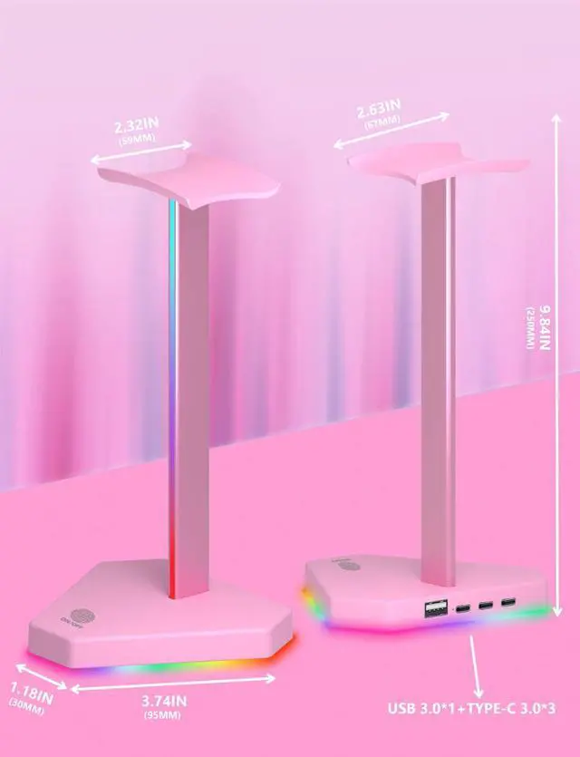 Alt view image 6 of 6 - RGB Headphones Stand with 1 USB-C Data Transmission& 3 Type-C Charging Port, Desk Gaming Headset Holder with 7 Light Modes and Non-Slip Rubber Base (Pink)