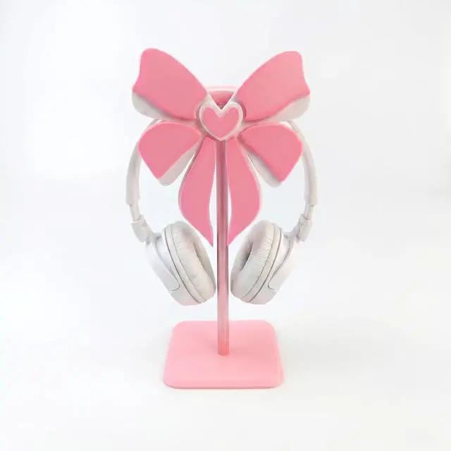 Main image of Pink Bow Headphone Stand for Desk - Upgraded Aluminum Alloy & Wood Gaming Headset Holder,, Cute Gamer Girl Gifts for Women, Girls, Wife, Office Decor with Anti-Slip Base (Pink Bow)