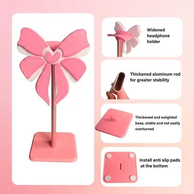 Alt view image 3 of 6 - Pink Bow Headphone Stand for Desk - Upgraded Aluminum Alloy & Wood Gaming Headset Holder,, Cute Gamer Girl Gifts for Women, Girls, Wife, Office Decor with Anti-Slip Base (Pink Bow)