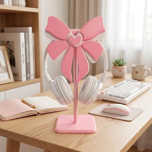 Alt view image 4 of 6 - Pink Bow Headphone Stand for Desk - Upgraded Aluminum Alloy & Wood Gaming Headset Holder,, Cute Gamer Girl Gifts for Women, Girls, Wife, Office Decor with Anti-Slip Base (Pink Bow)