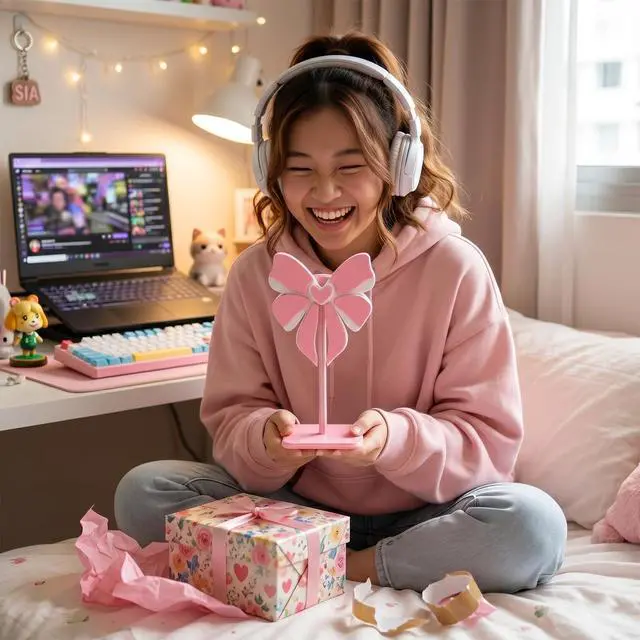Alt view image 6 of 6 - Pink Bow Headphone Stand for Desk - Upgraded Aluminum Alloy & Wood Gaming Headset Holder,, Cute Gamer Girl Gifts for Women, Girls, Wife, Office Decor with Anti-Slip Base (Pink Bow)