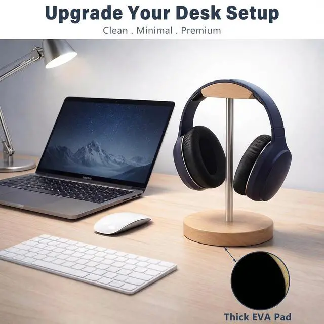 Alt view image 2 of 7 - Wood & Metal Headphone Stand, Desktop Headset Holder with Stable Non-Slip Bamboo Base, Universal Headphone Hanger for Gaming Headsets, Office Desk, Home, Gift