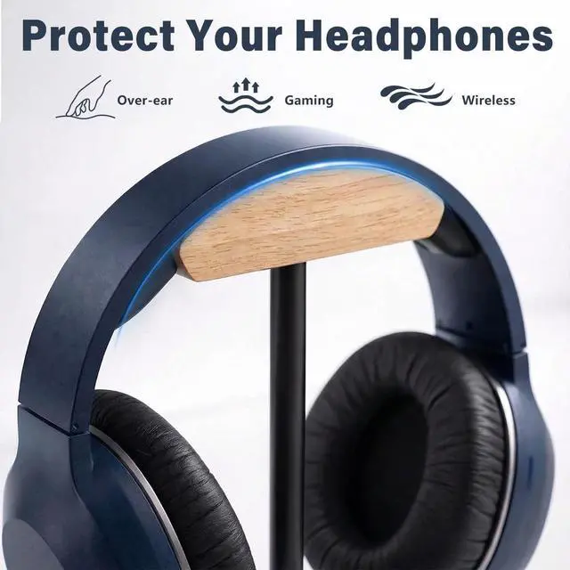 Alt view image 4 of 7 - Wood & Metal Headphone Stand, Desktop Headset Holder with Stable Non-Slip Bamboo Base, Universal Headphone Hanger for Gaming Headsets, Office Desk, Home, Gift