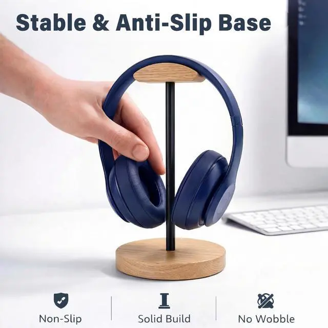 Alt view image 3 of 7 - Wood & Metal Headphone Stand, Desktop Headset Holder with Stable Non-Slip Bamboo Base, Universal Headphone Hanger for Gaming Headsets, Office Desk, Home, Gift
