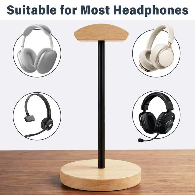 Alt view image 6 of 7 - Wood & Metal Headphone Stand, Desktop Headset Holder with Stable Non-Slip Bamboo Base, Universal Headphone Hanger for Gaming Headsets, Office Desk, Home, Gift