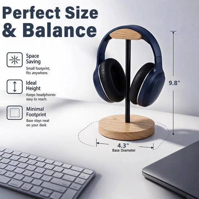 Alt view image 7 of 7 - Wood & Metal Headphone Stand, Desktop Headset Holder with Stable Non-Slip Bamboo Base, Universal Headphone Hanger for Gaming Headsets, Office Desk, Home, Gift