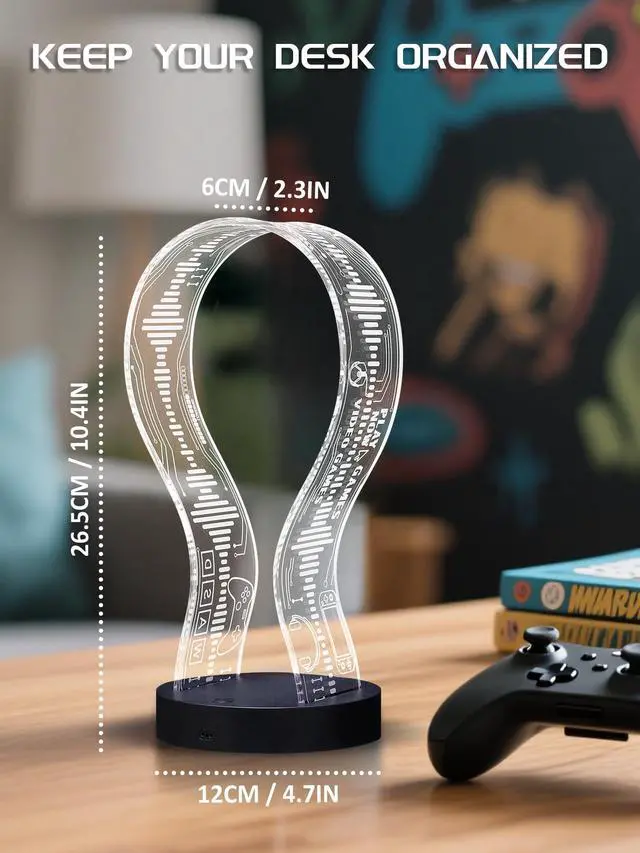 Alt view image 3 of 7 - Light Up Headphone Stand with 16 Color Lights, Game Pattern Acrylic Headset Stand with 1 USB and 1 Type-C Charging Ports, Gifts for Gamers Men and Music Lovers