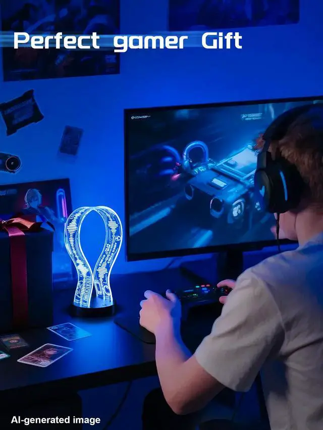 Alt view image 5 of 7 - Light Up Headphone Stand with 16 Color Lights, Game Pattern Acrylic Headset Stand with 1 USB and 1 Type-C Charging Ports, Gifts for Gamers Men and Music Lovers
