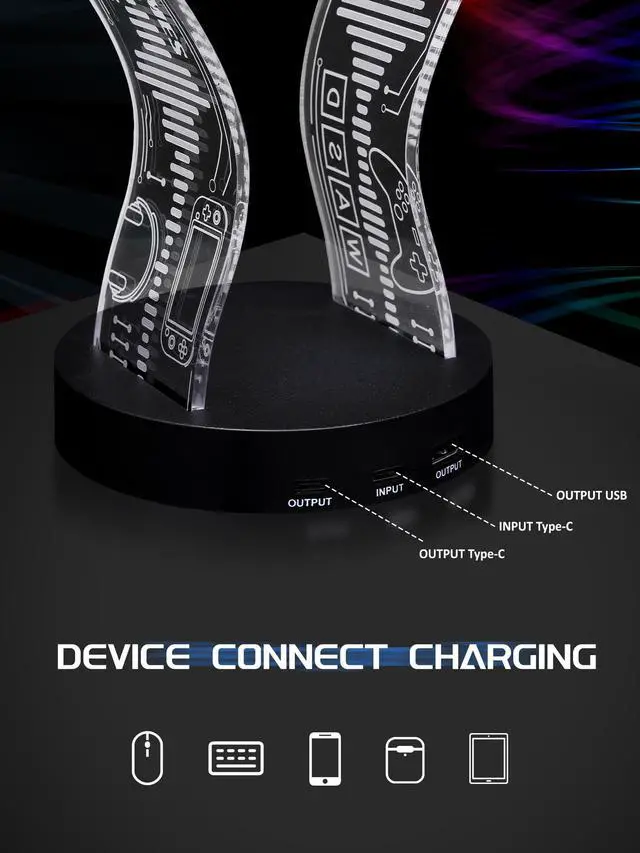 Alt view image 6 of 7 - Light Up Headphone Stand with 16 Color Lights, Game Pattern Acrylic Headset Stand with 1 USB and 1 Type-C Charging Ports, Gifts for Gamers Men and Music Lovers