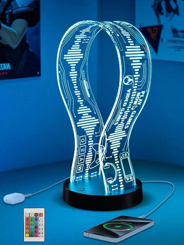 Main image of Light Up Headphone Stand with 16 Color Lights, Game Pattern Acrylic Headset Stand with 1 USB and 1 Type-C Charging Ports, Gifts for Gamers Men and Music Lovers