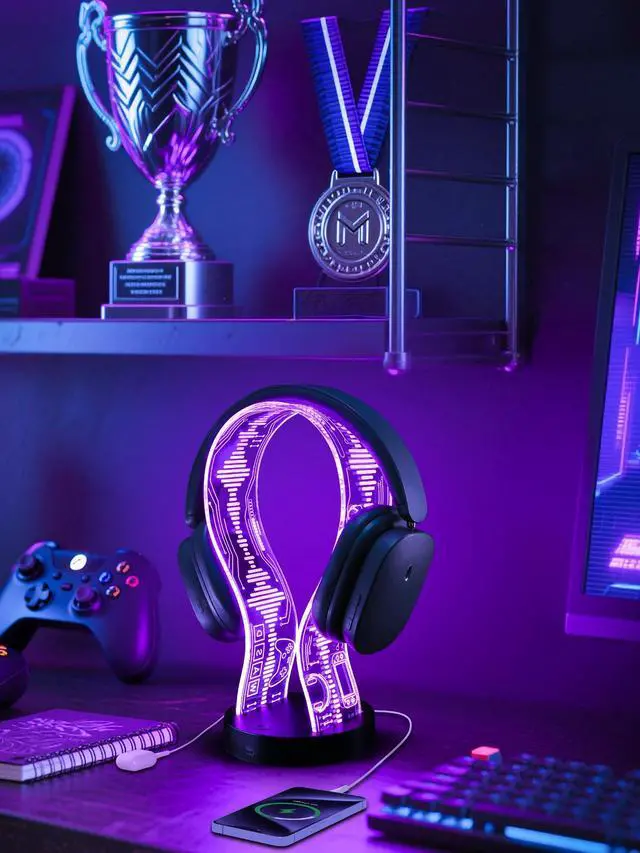 Alt view image 7 of 7 - Light Up Headphone Stand with 16 Color Lights, Game Pattern Acrylic Headset Stand with 1 USB and 1 Type-C Charging Ports, Gifts for Gamers Men and Music Lovers