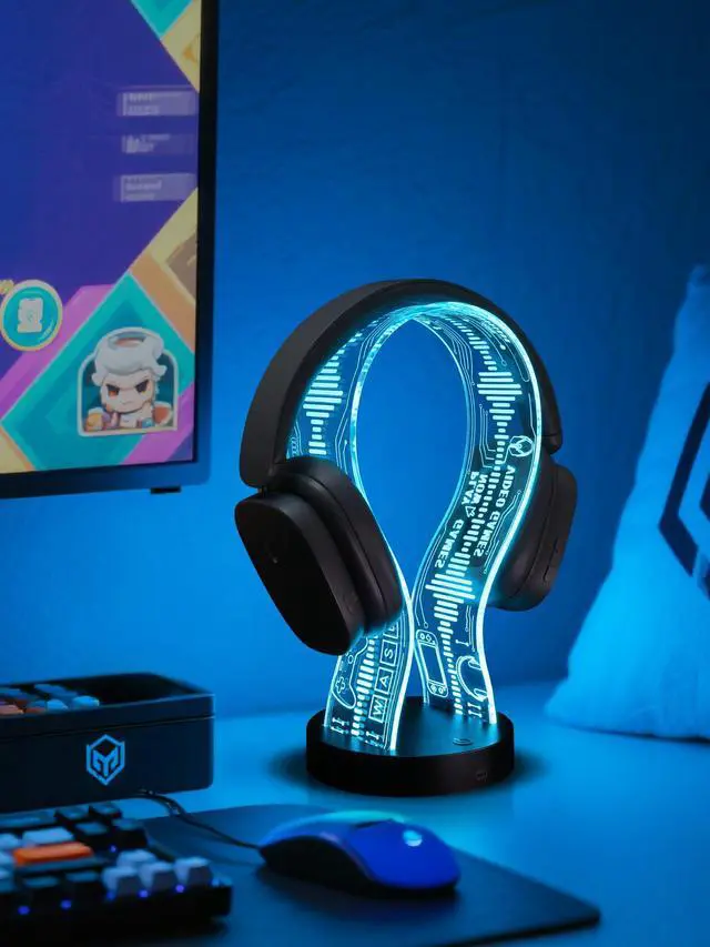 Alt view image 2 of 7 - Light Up Headphone Stand with 16 Color Lights, Game Pattern Acrylic Headset Stand with 1 USB and 1 Type-C Charging Ports, Gifts for Gamers Men and Music Lovers