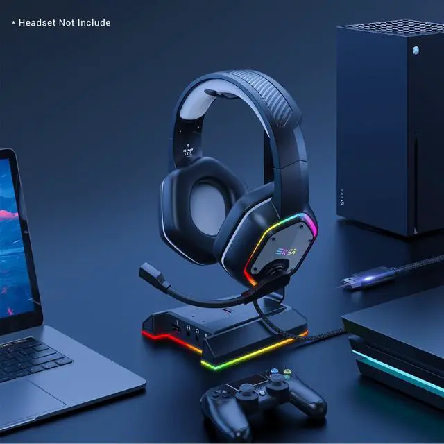 Alt view image 2 of 7 - RGB Headset Stand, Headphone Stands with 7.1 Surround Sound & USB/3.5mm Port, Desk Gaming Headsets Holder with Aluminum Alloy Rod & Non-Slip Rubber Pad, Suitable for Most Gamer Desktop Earphones