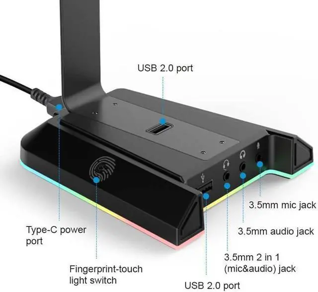 Alt view image 5 of 7 - RGB Headset Stand, Headphone Stands with 7.1 Surround Sound & USB/3.5mm Port, Desk Gaming Headsets Holder with Aluminum Alloy Rod & Non-Slip Rubber Pad, Suitable for Most Gamer Desktop Earphones