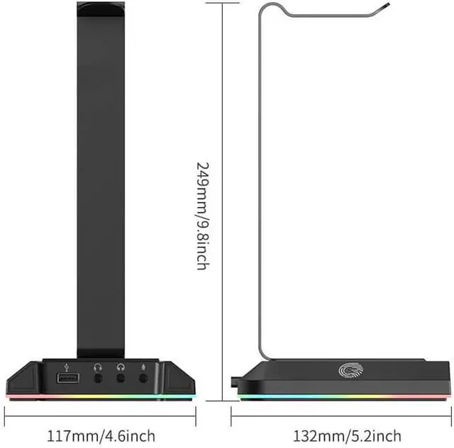 Alt view image 6 of 7 - RGB Headset Stand, Headphone Stands with 7.1 Surround Sound & USB/3.5mm Port, Desk Gaming Headsets Holder with Aluminum Alloy Rod & Non-Slip Rubber Pad, Suitable for Most Gamer Desktop Earphones