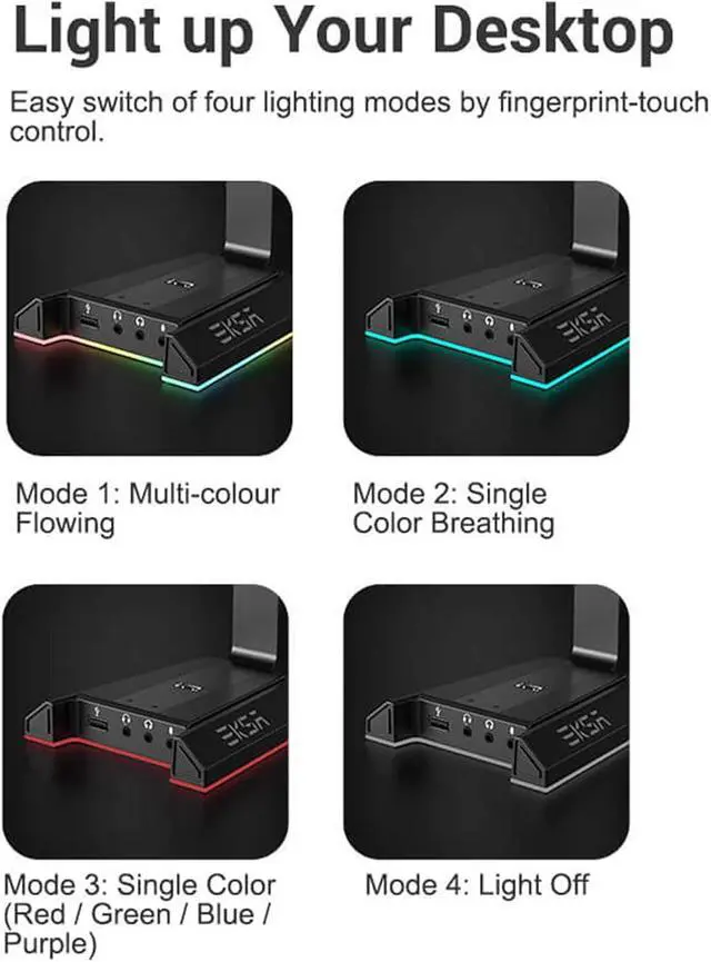 Alt view image 7 of 7 - RGB Headset Stand, Headphone Stands with 7.1 Surround Sound & USB/3.5mm Port, Desk Gaming Headsets Holder with Aluminum Alloy Rod & Non-Slip Rubber Pad, Suitable for Most Gamer Desktop Earphones