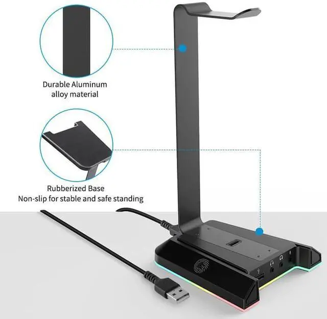 Alt view image 4 of 7 - RGB Headset Stand, Headphone Stands with 7.1 Surround Sound & USB/3.5mm Port, Desk Gaming Headsets Holder with Aluminum Alloy Rod & Non-Slip Rubber Pad, Suitable for Most Gamer Desktop Earphones