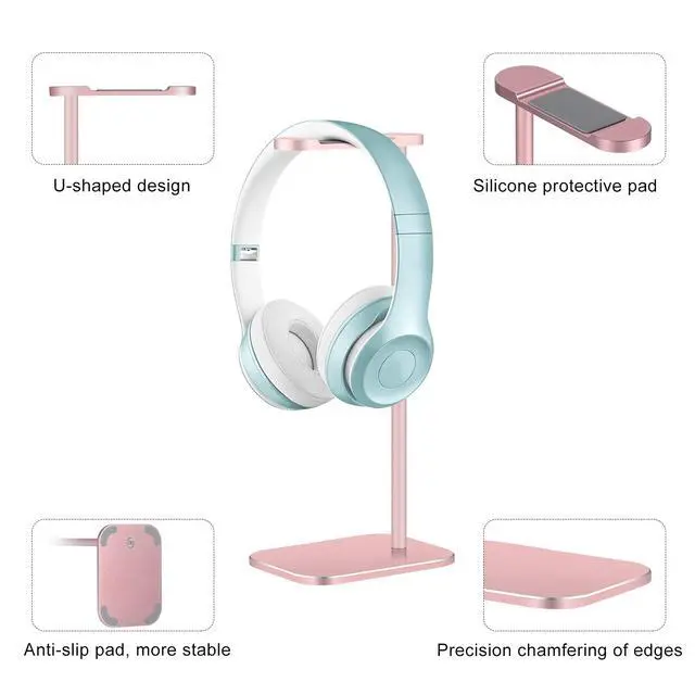 Alt view image 4 of 7 - Headphone Stand Aluminum, Headset Holder with Solid Metal Base for Desk, Compatible with Most Headphones (Rose Gold)