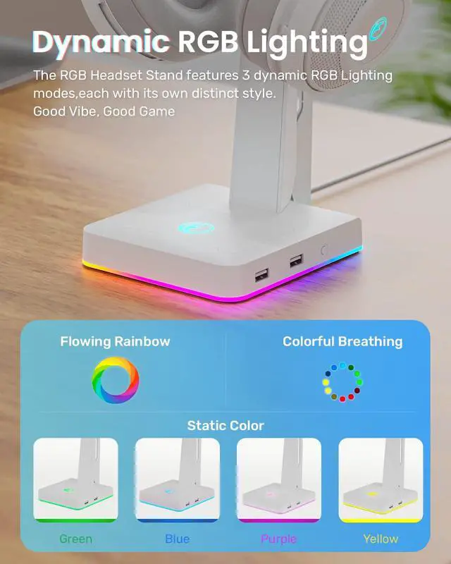 Alt view image 3 of 7 - RGB Gaming Headset Stand with 2 USB Ports, Game Headphone Mount for PC, Xbox One, PS4, Switch, Earphone Holder Hanger, Great for Gaming Stations, Fancy Desk Gamer Accessories, White